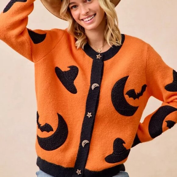 BiBi Halloween Witch Hat Moon Bat Artwork Cardigan‎ - Picture 7 of 16